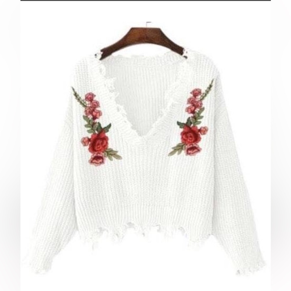 White Rose Fringe Cropped Sweater